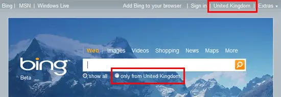 bing showing united kingdom as the selected country