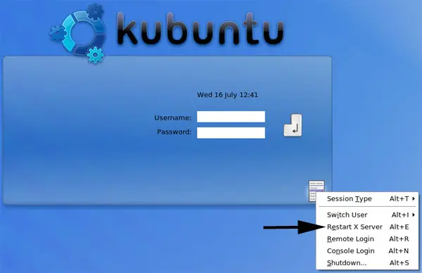 restart the x server from kubuntu login screen