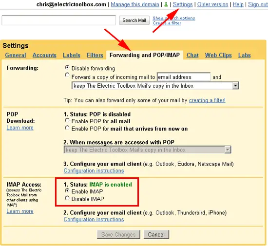 gmail incoming mail server imap username