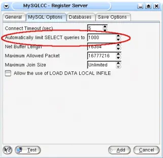 Change the default MySQL Control Center number of rows
returned in a select query