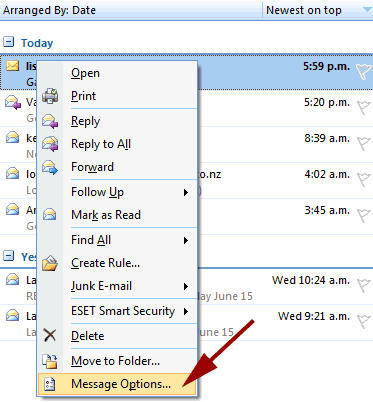 outlook message list right click menu select message options
