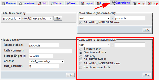 copy a table with phpmyadmin