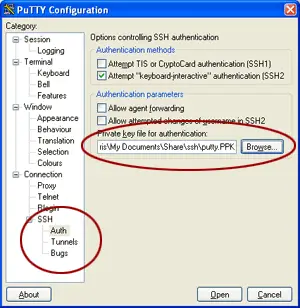 Selecting the private key file in PuTTY