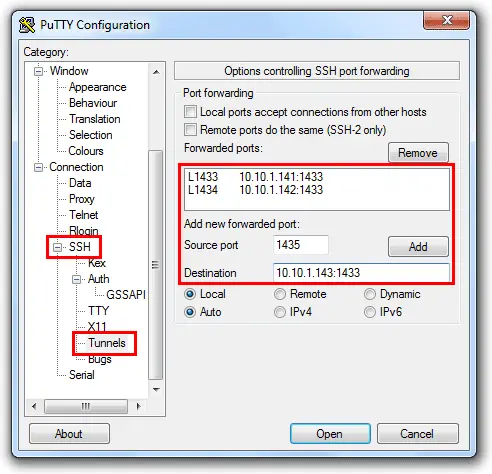 port forward to putty ssh session