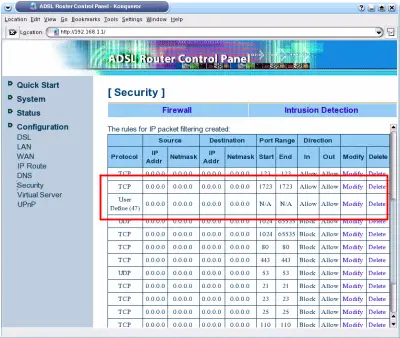 List of current firewall settings on a Dynalink RTA220 ADSL
router