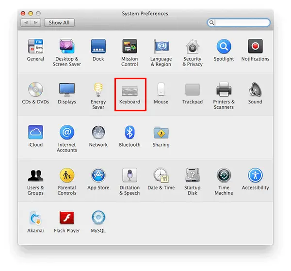 selecting keyboard from system preferences