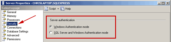 change to sql server and windows authentication mode